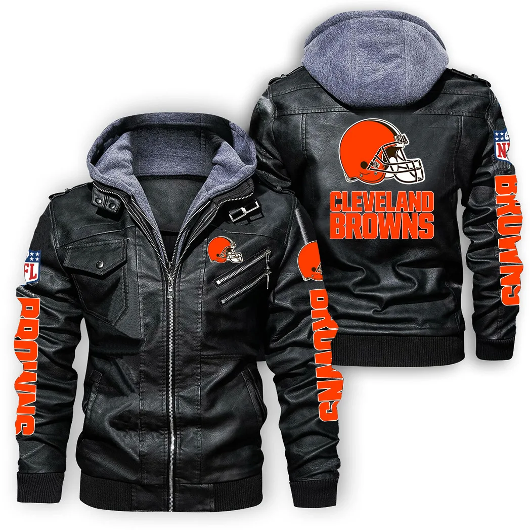 Hot Sale Trademark Browns American Football Teams Detachable Pullover Design PU Trendy Plus Size Leather Coat Men