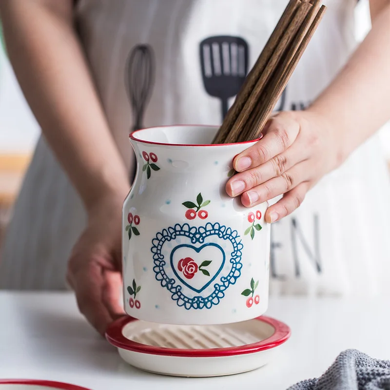 Red Cherry Printed Ceramic Chopsticks Cutlery Holder with Drainage Tray