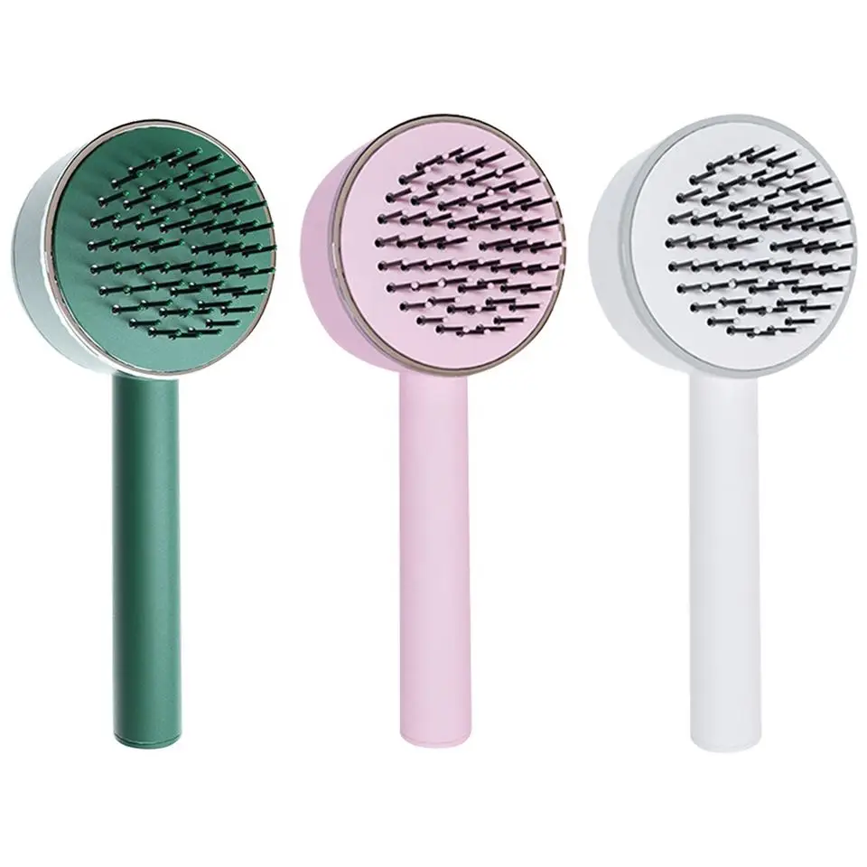 Custom LOGO one-key cleaning round ABS detangling hairbrush salon self cleaning hair brush for women pet hair brush
