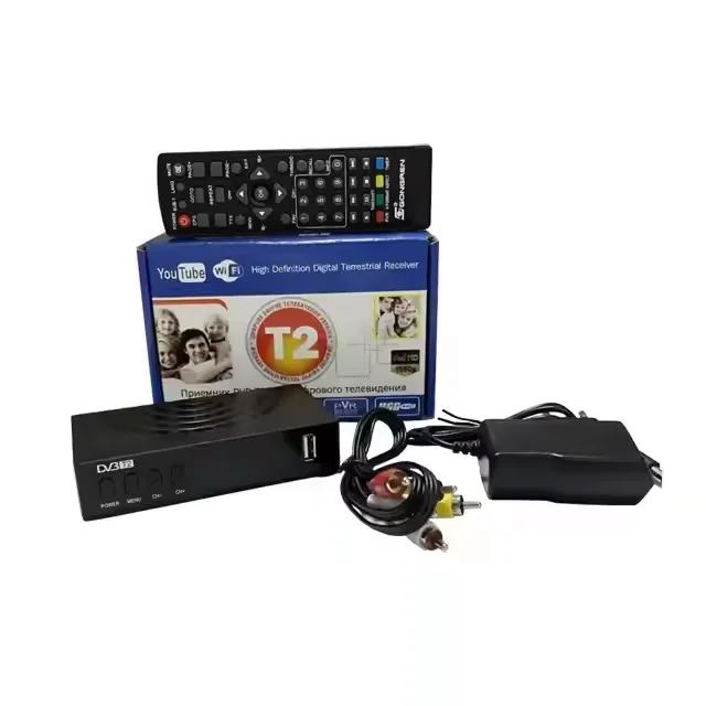 Дешевая Цена Заводская FTA бесплатная программа mpeg4 декодер TV получает 1080P H.265 H.264 FULL HD DVB-T2 тюнер приставка