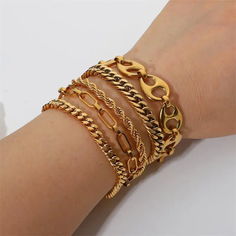 Wholesale Miami Cuban Chain Bracelet Bangle Flat Snake Stacking 18K Gold Plated Stainless Steel Link Bracelet For Women Jewelry
