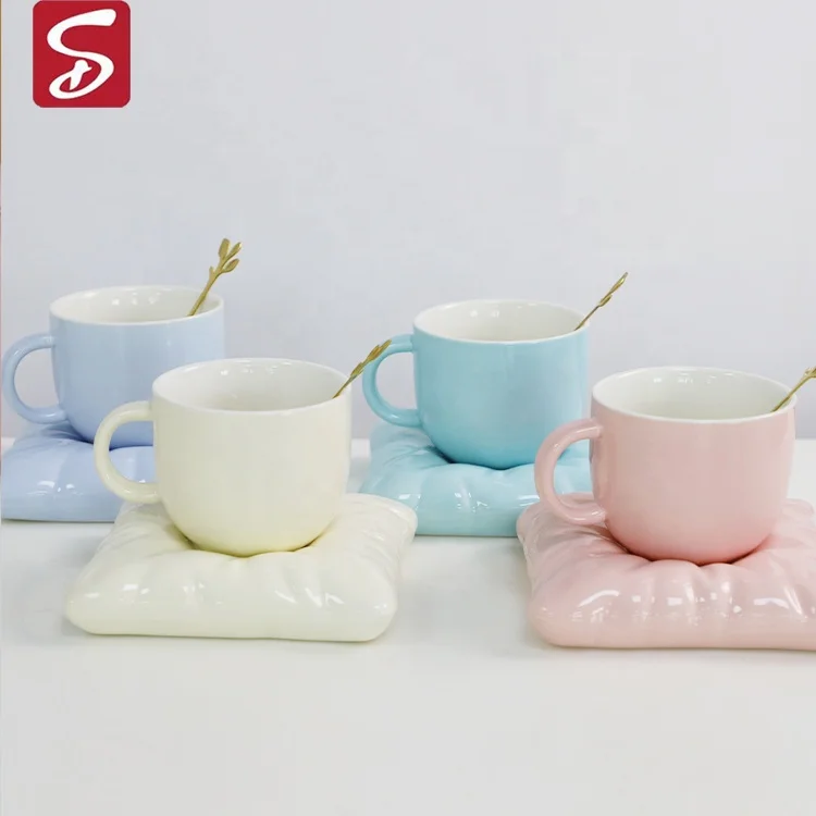 SHARDON Custom Nordic Creative Couple Gift Macaron Pillow Shaped Cheap Ceramic Coffee Mug Porcelain Milk Tea Cups And Saucer Set