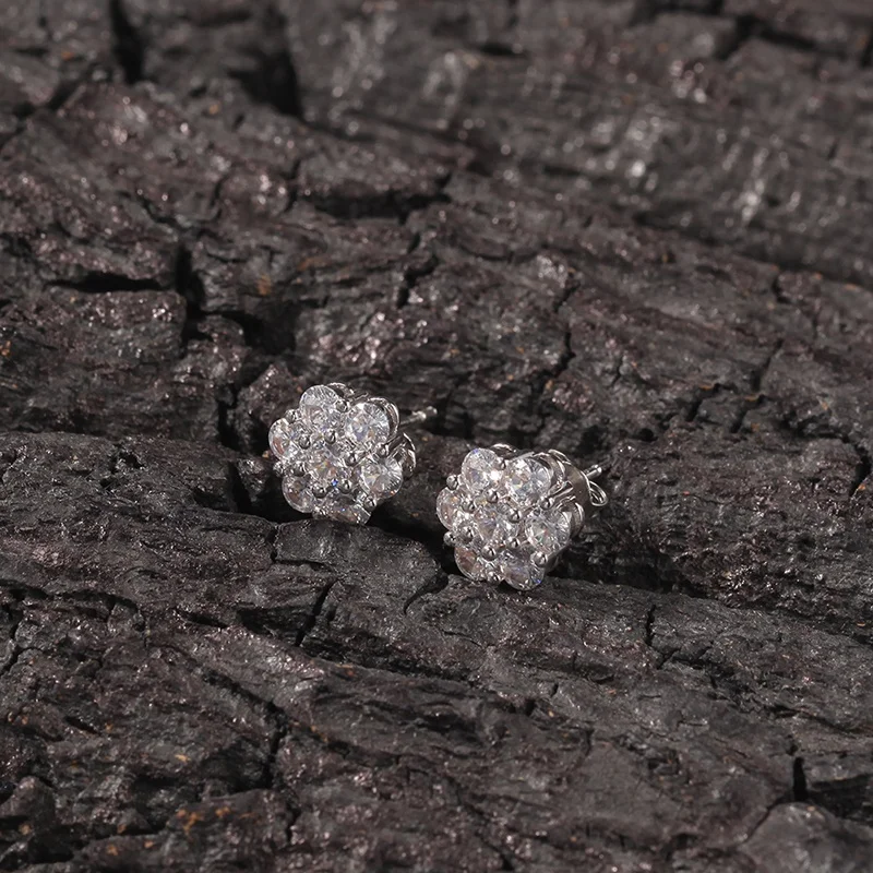 925 Sterling Silver Earrings Bling Snow Flower Cluster Shape Stud Screw Back For Women