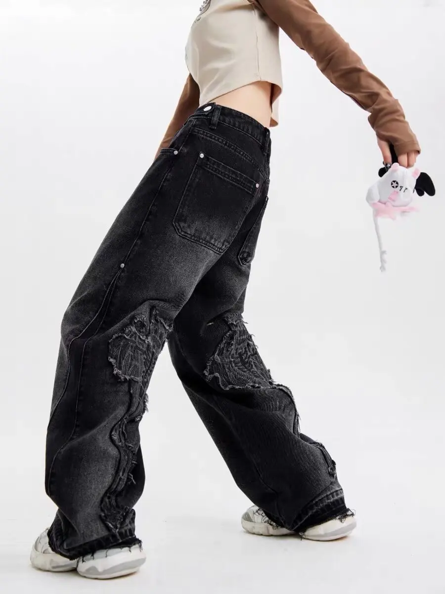 Streetwear Mans Washed Baggy Jeans Back Bat Embroidery Patches Sun Fade Denim Pants For Women