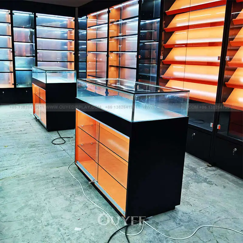 Custom New Design Retail Store Luxury Interior Decorate Showcase Glass Cabinet Display Cases For Smoke Shop