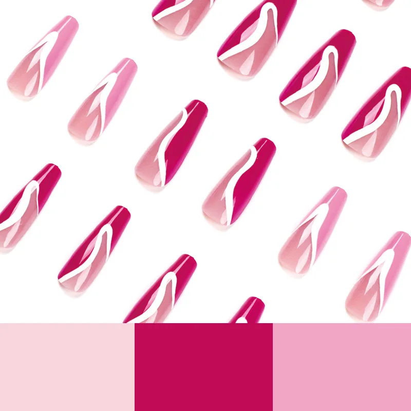 2022 New Arrival 24PCS/ Box Stylish Splicing Rose Red Fake Nails Full Cover Long Coffin False Nail Press On Nails