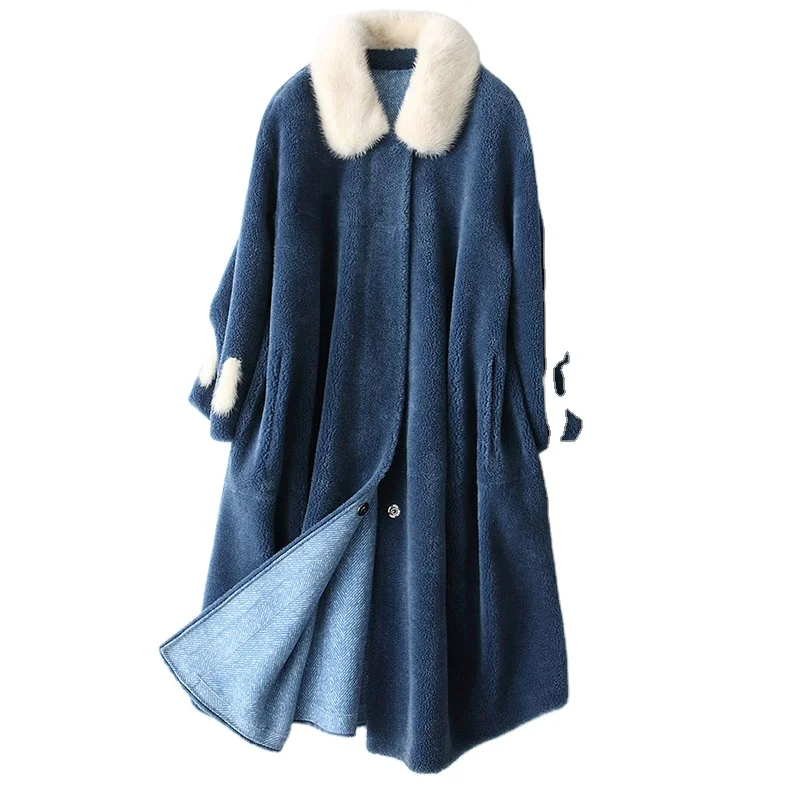 A18168 New women real wool fur coat real mink fur collar long jacket real fur girl coat lady fall winter warm overcoat