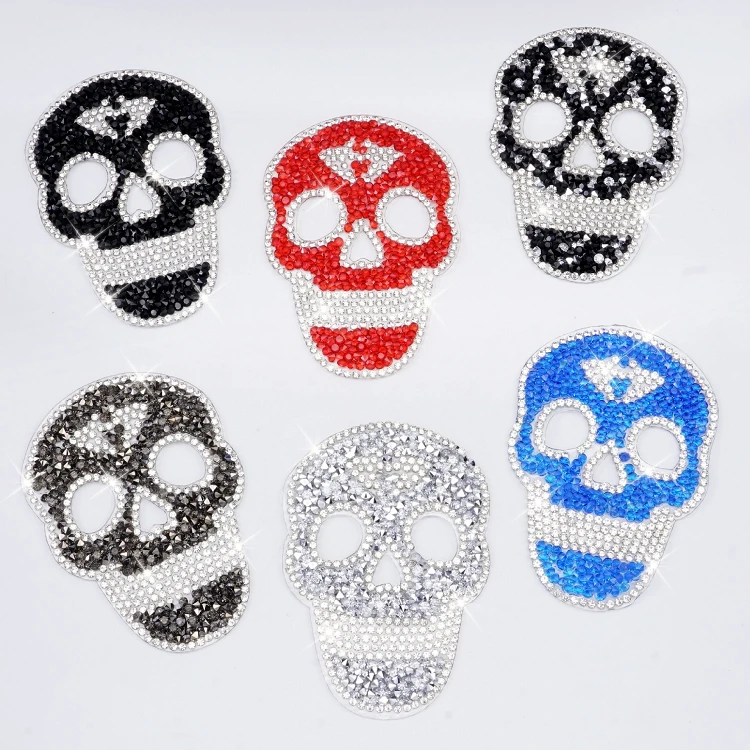 Wholesale black red crystal patches applique patches skeleton iron on bling rhinestone beaded horror skull patches for clothes