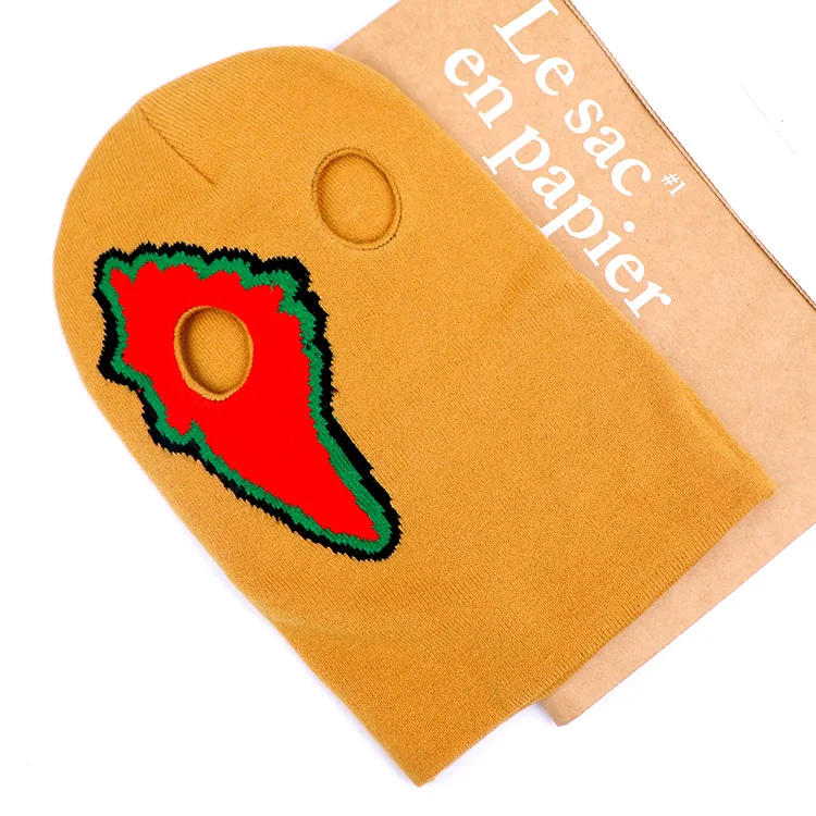 Outdoor new Individuality men women warm yellow face mask cover acrylic 2 hole balaclava custom jacquard logo knit ski mask