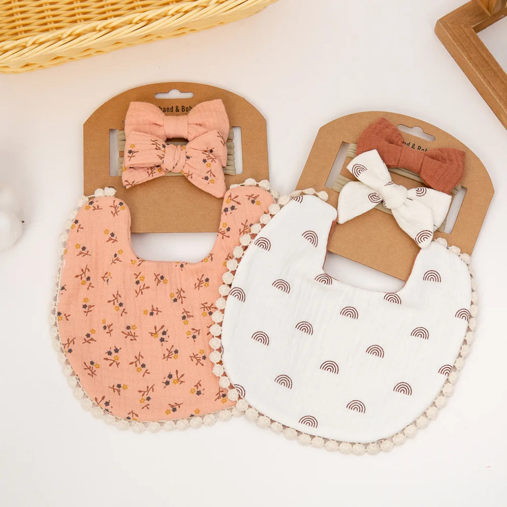 Wholesale Newborn Printed Saliva Towel 2-Layer Gauze Infant Cotton Bib Baby Bow Headband Sets