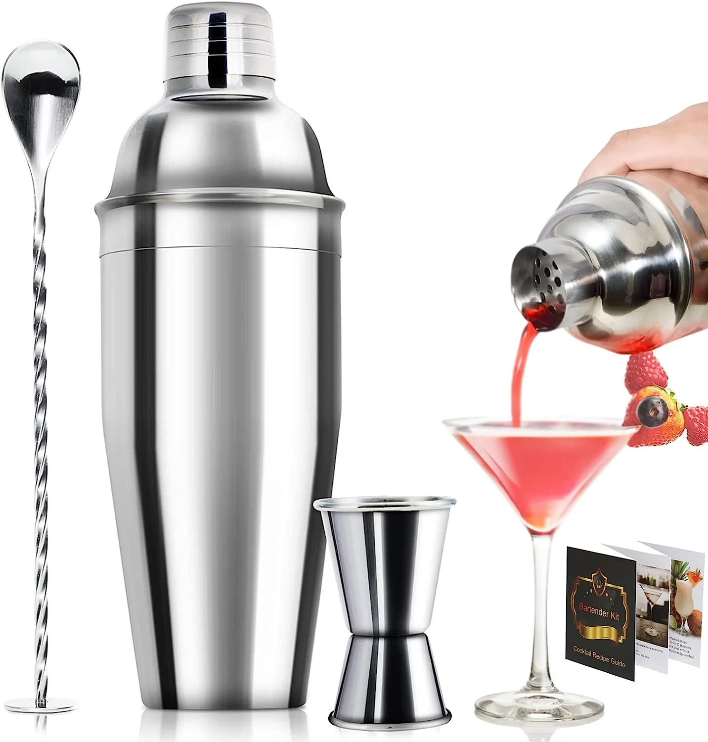 stainless steel 18/8Martini mixer built in strainer measuring cup and mixing spoon professional cocktail shaker set,