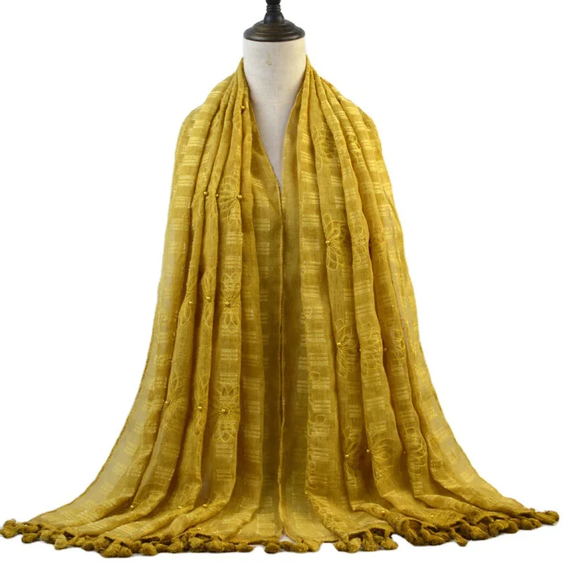 
New tie-dyed cotton and linen scarf Monochrome beaded embroidered fringed headband Sun protection travel vacation shawl 