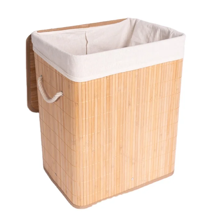 Bamboo Laundry Basket 2-Sectional Washing Box Bin Storage Hamper with Lid and Removable Liners Natural color