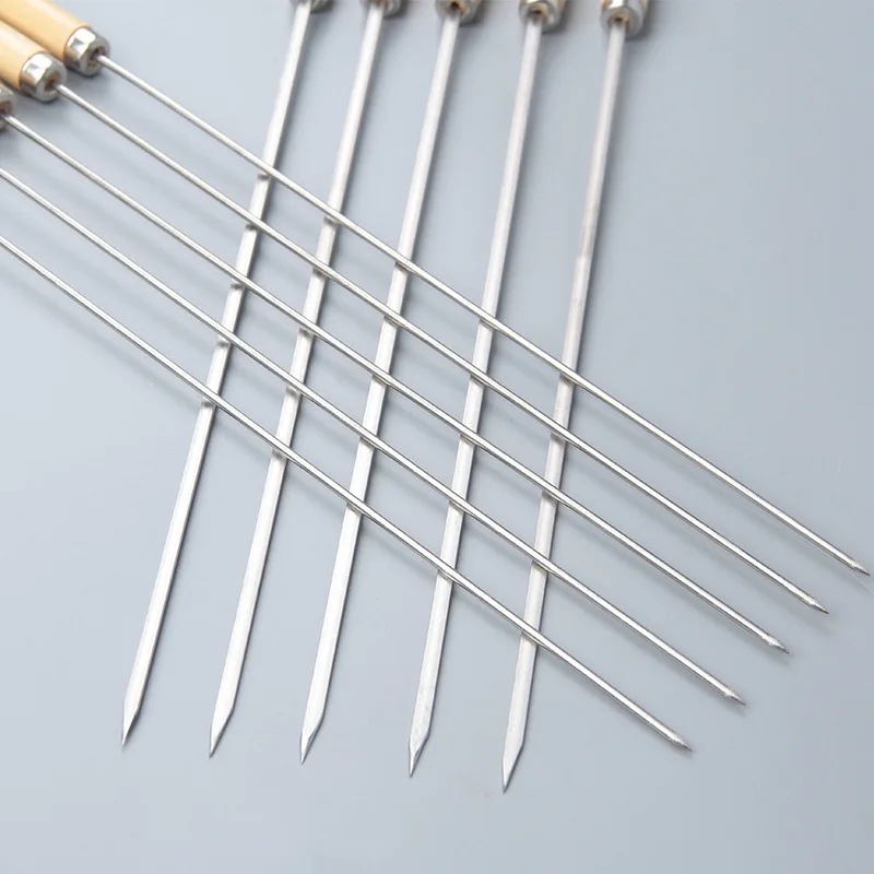 Barbecue Skewers Made of 304 Stainless Steel With Wooden Handles and Flat Skewers For Skewering Meat and Iron