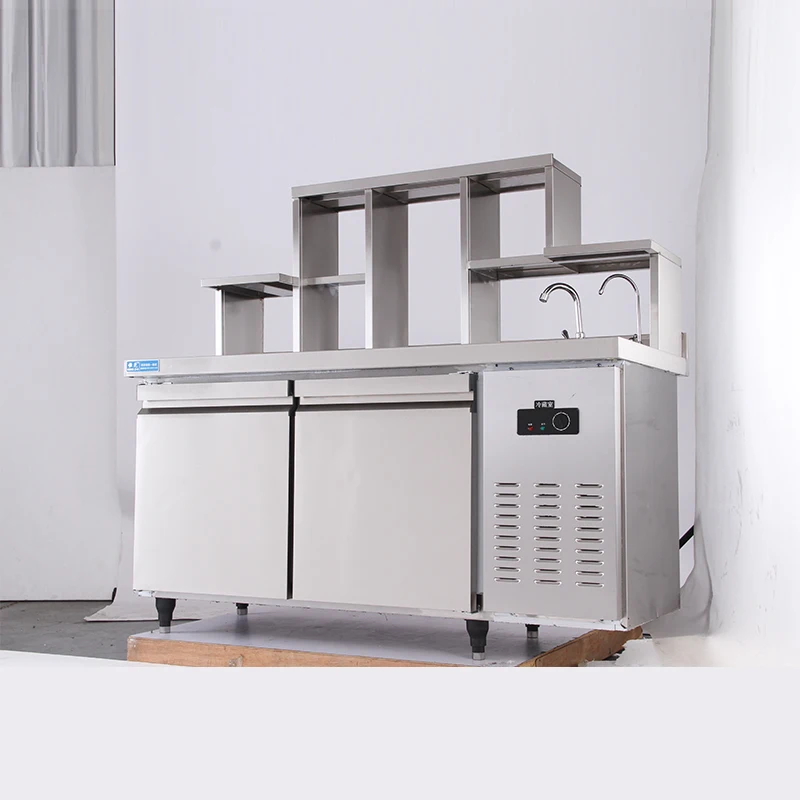 Customized All Set Bubble Tea Equipment Working Table Oem Stainless Steel Bubble Tea Refrigerate Counter Bar For Milk Tea Shop