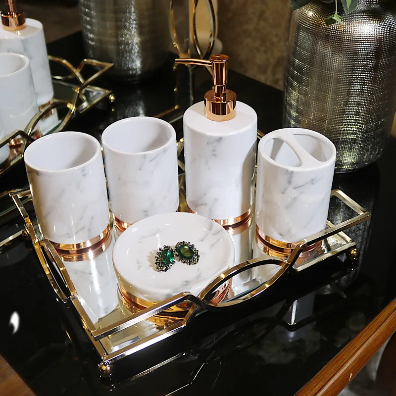 Hotel ceramic Bathroom Set Accessories, Marble Effect bathroom accessory set Sanitary Ware Suite