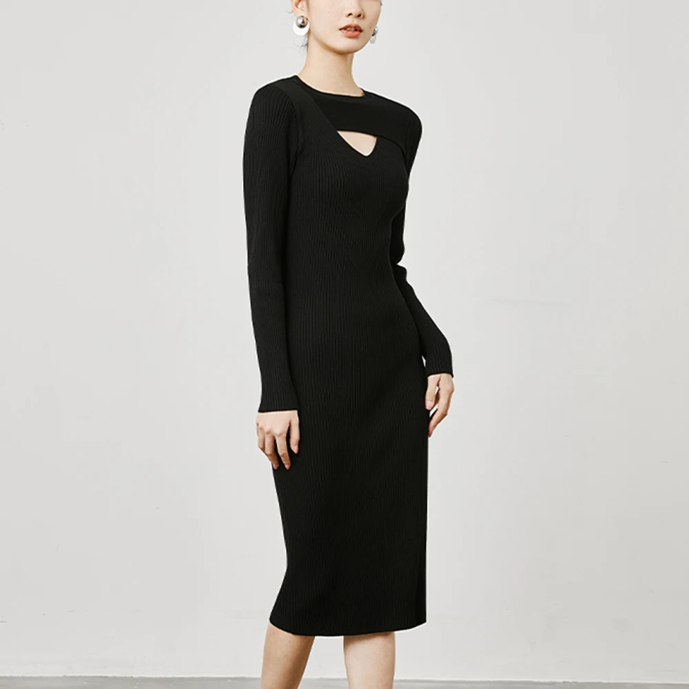 GUOOU OEM customize hollow cut out high waist slim long niche wool mix knit sweater dress