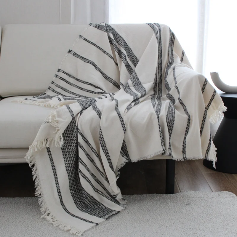Boho cream stripped cotton throw cozy bed throws cotton camping blanket