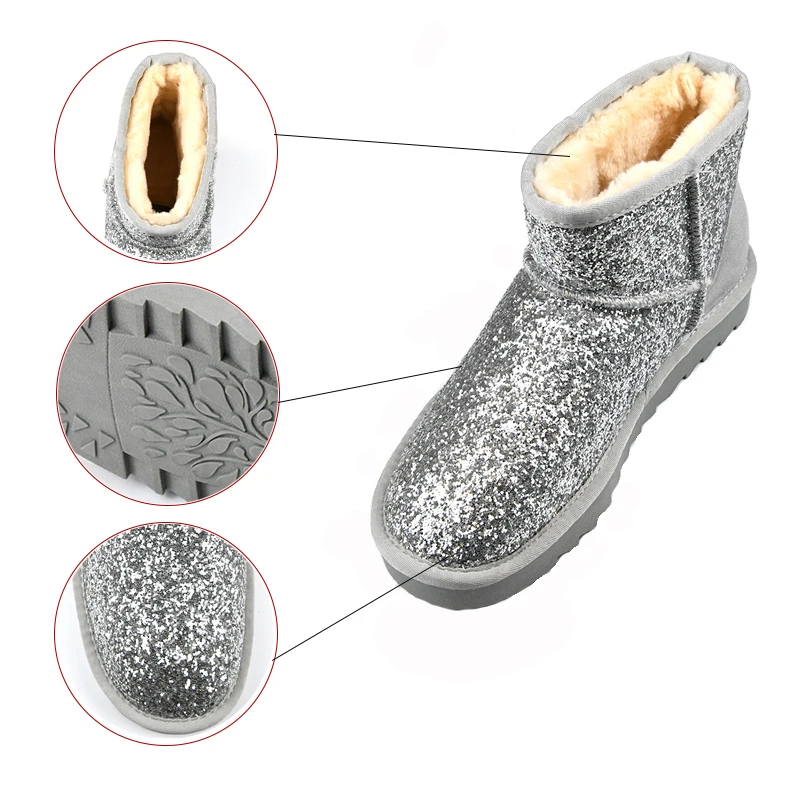 Fashion Trend Winter Warm Cracked sheepskin Glitter TPR Out sole  bling Indoor Slipper Ankle Snow Boots