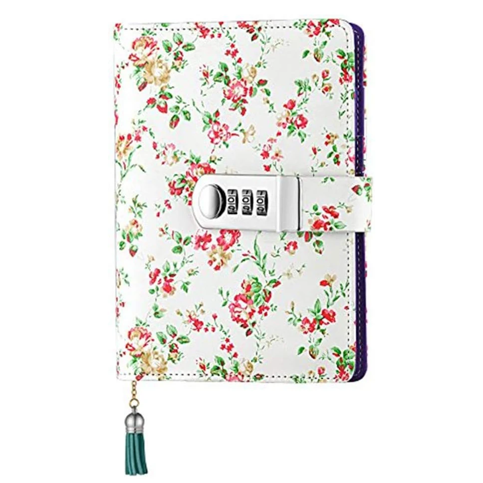 Floral Password Lock Journal, A6 PU Leather Journal with Combination Lock Digital Password Notebook Locking Binder Diary Journal