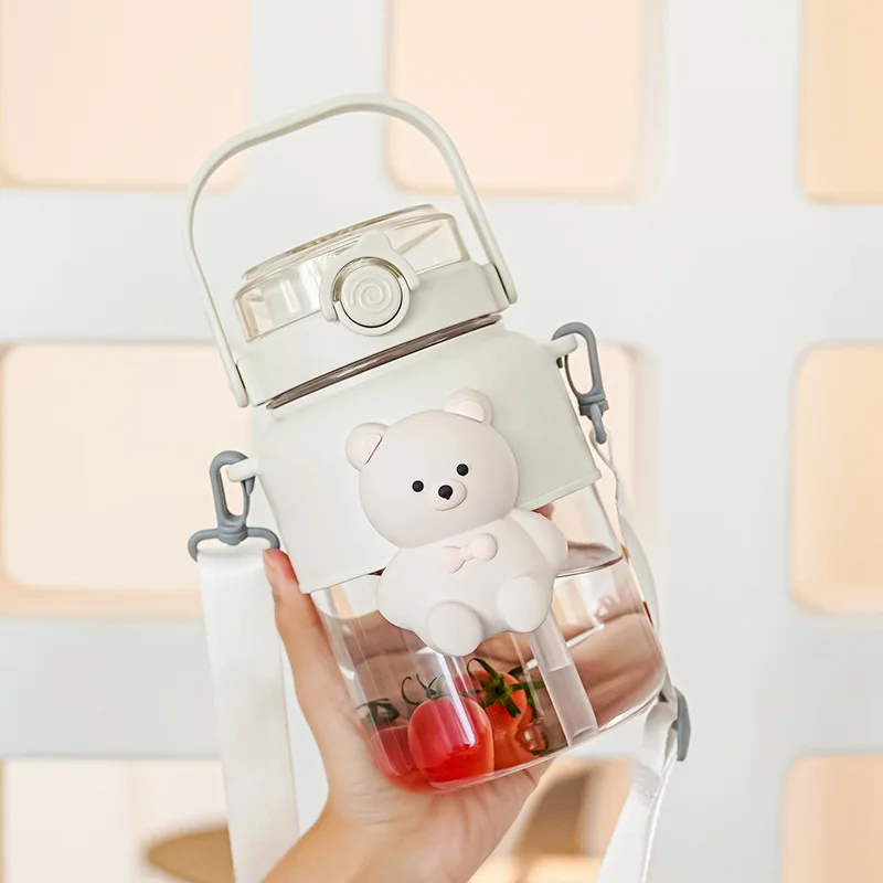 Kawaii bear 32oz big capacity drinking gourde enfant cup leakproof bpa free children school plastic water bottles with straw