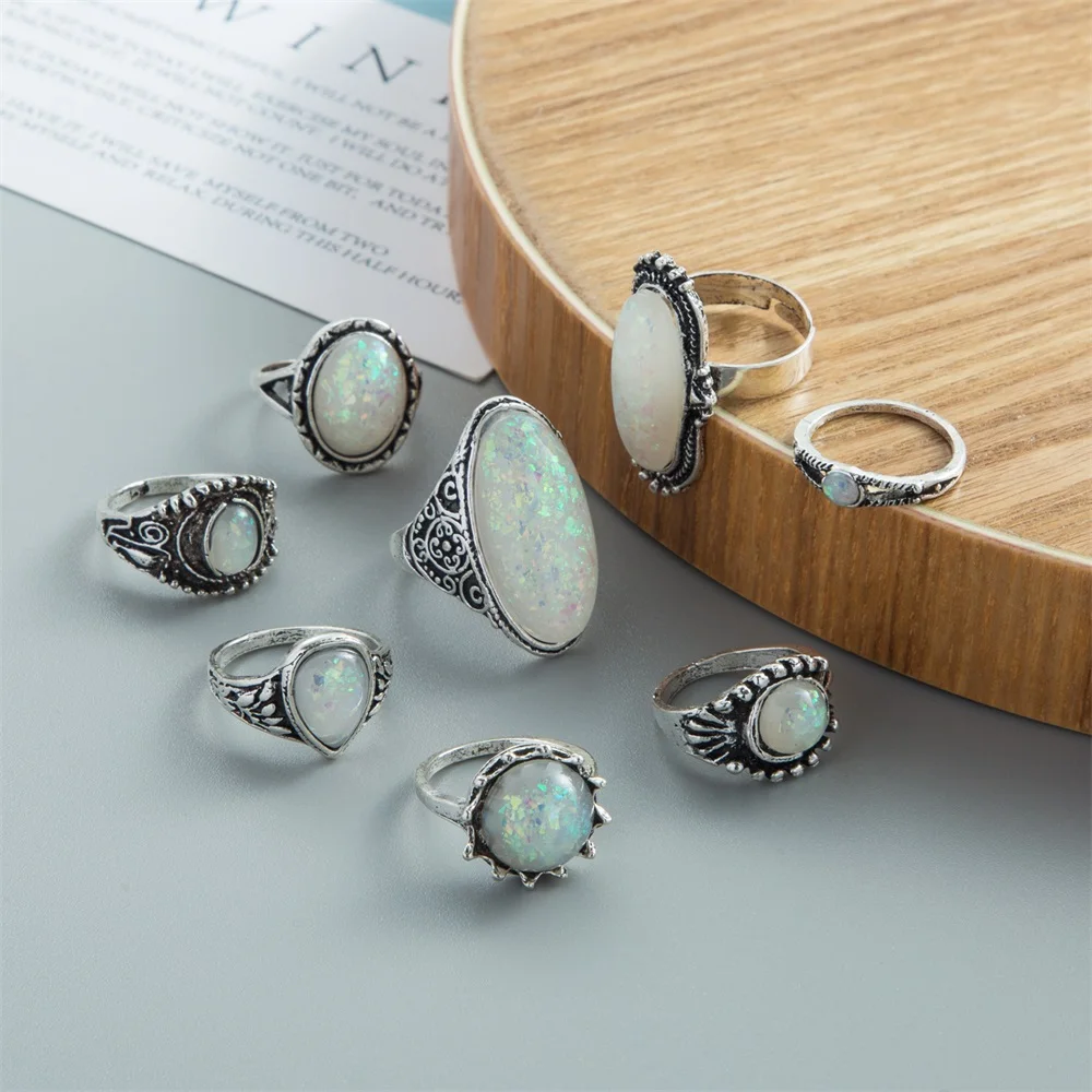 VKME Vintage Silver Color Rings Sets Colorful Opal Crystal Stone Carve For Women Bohemian Jewelry