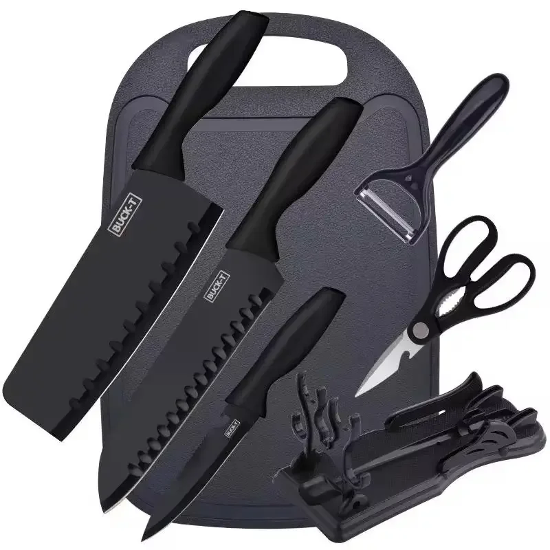 Hot Selling Professional 7-Piece Black Kitchen Chef Knife Set Includes Cutting Board and Knife Block for Cooking
