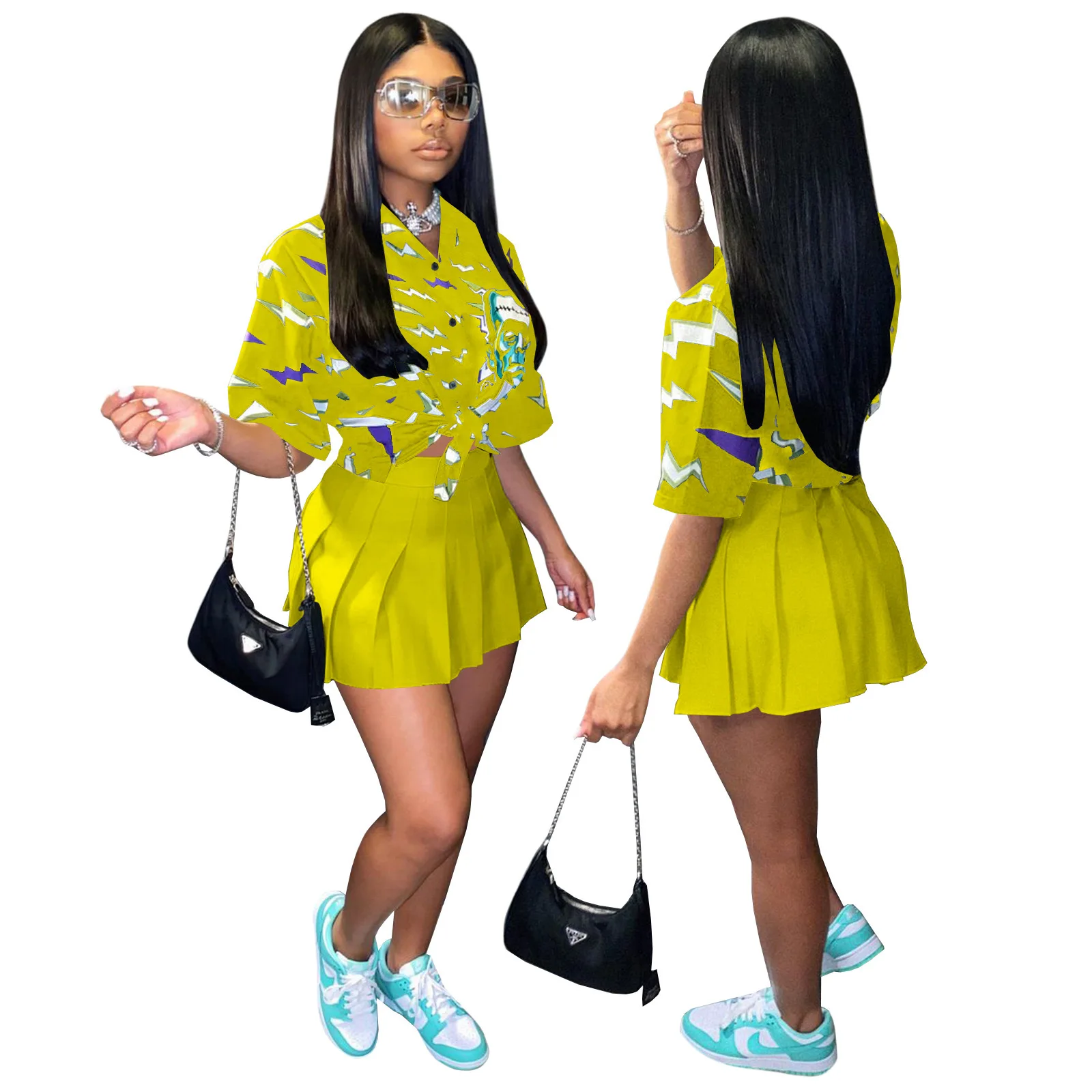 H2510  wholesale summer clothing skull print blue loose button shirt pleated fashion red sexy two piece skirt dresses