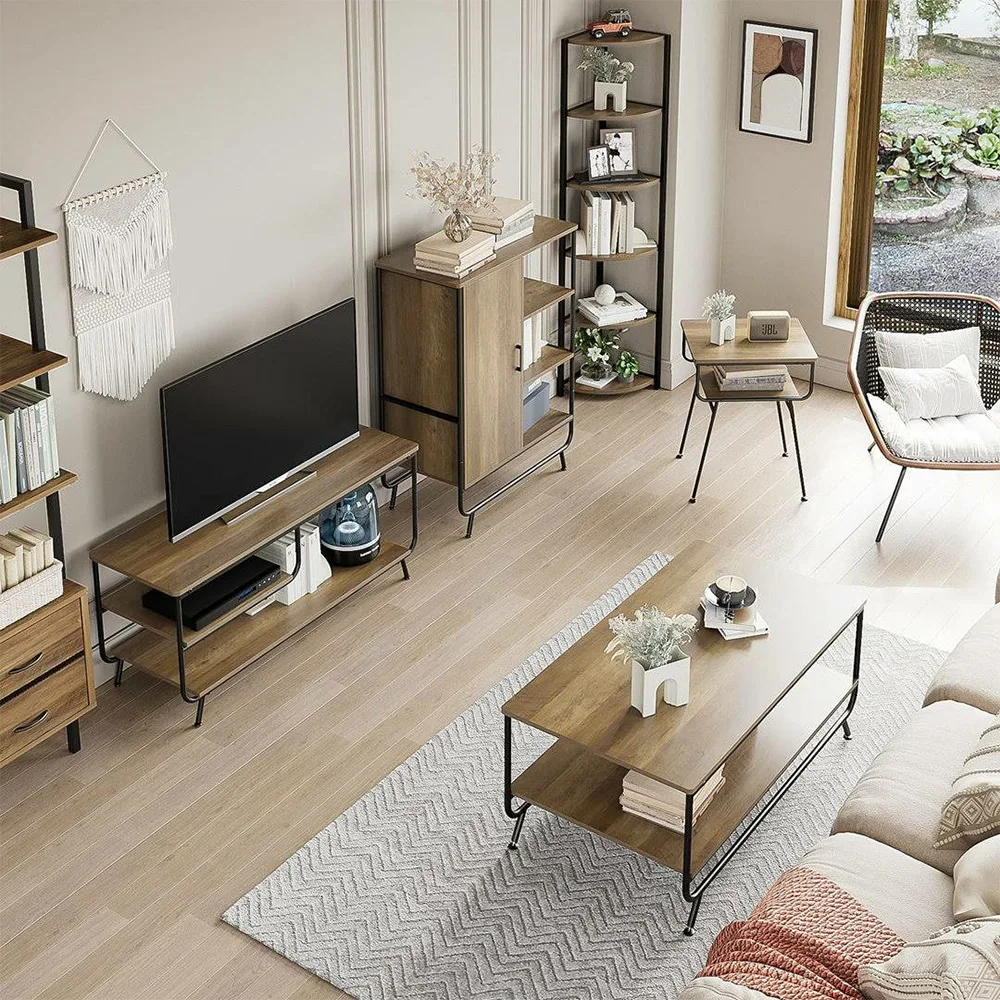 NBHY Industrial Wooden TV Cabinet Entertainment Center Media TV Console Stand with 3 Tiers Storage Shelves