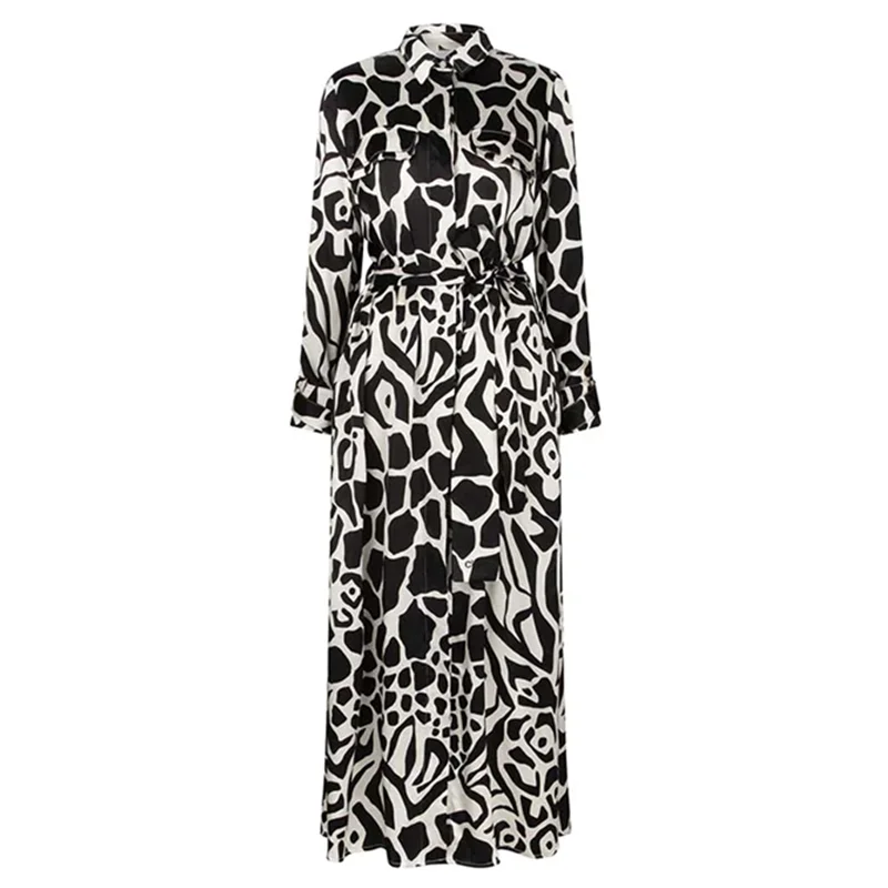 Wear Belt with Side Pockets Printing Maxi Dress Long Sleeves Shirt Dress Garments Manufacturer