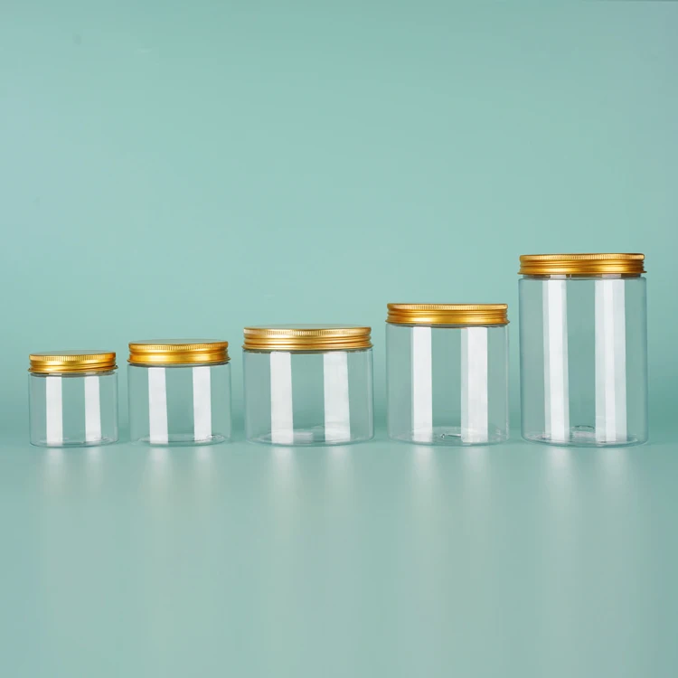 Wholesale Cosmetic Food Packaging Transparent Pet Plastic Cosmetic Cream Jar Food Storage Jar With Metal Aluminum Lid