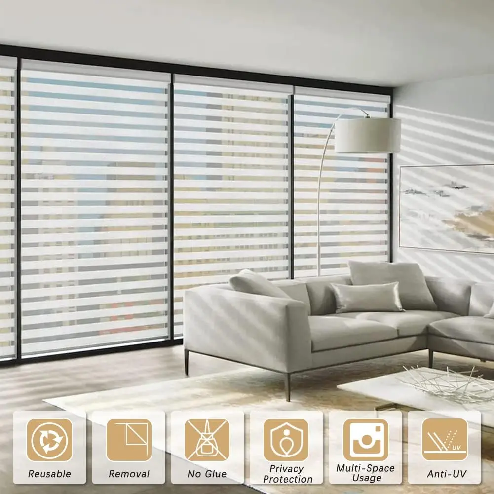 LAUFEN Frosted Window Film Privacy Glass Non Adhesive Vinyl Removable Static Cling UV Protection Striped Pattern for Home Office