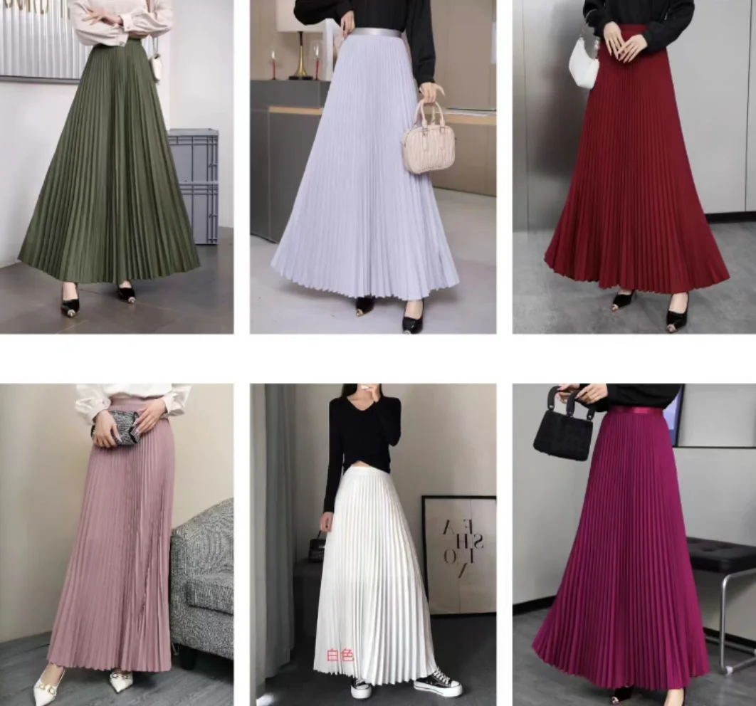2024 Long Pleated Skirt Women Summer Elegant Plain Korean Casual Simple Temperament High Waisted Midi Skirts