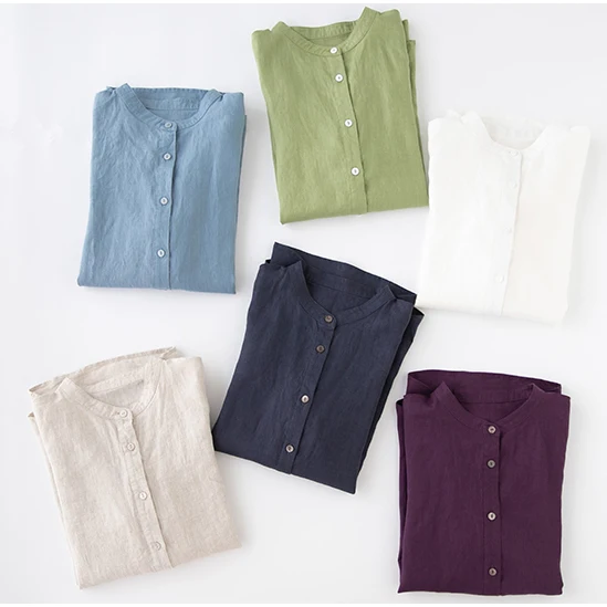 OEM Custom Women 100%Linen Casual Shirt Long Sleeve Shirt Beach Wear Women Blouse