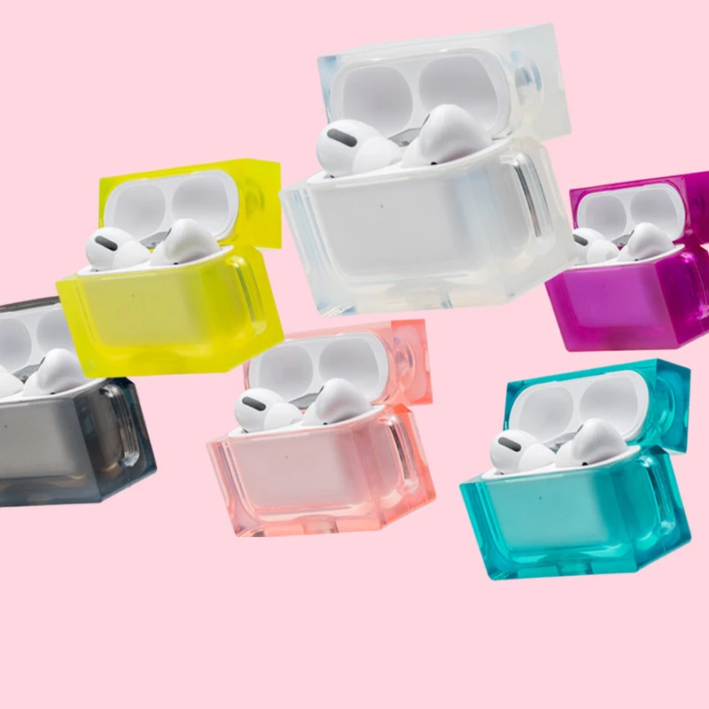 
Fluorescent Bright Transparent Clear Square Shape Cube Solid Candy Color Glossy For Airpods Pro 3 2 1 case cover 