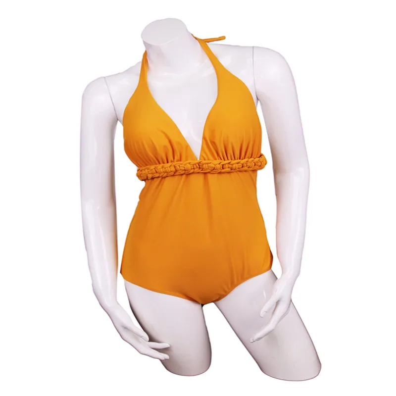 Customized brand solid color ladies swimming one piece suit with hater strap and braided tape below chest