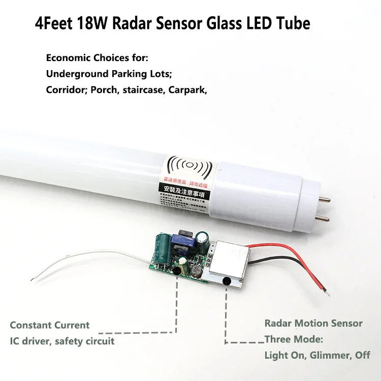 120CM 18W AC 220V LED Tube 120LMW PF0.5 IC Driver T8 Glass LED Motion Detection Tube with  Microwave Radar Sensor for Garage