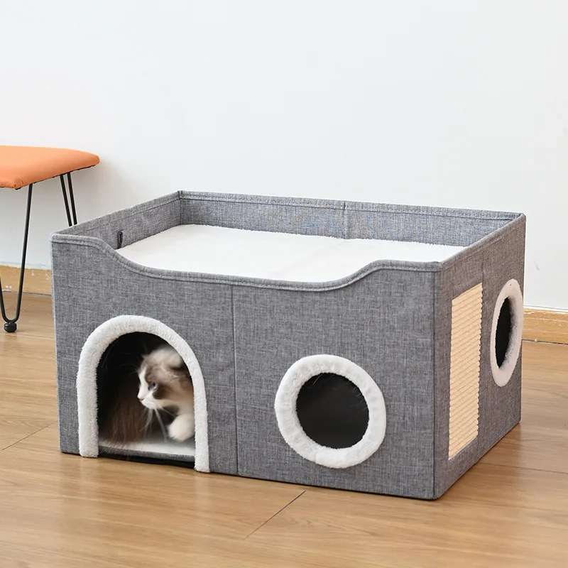 Foldable Cat Cave Bed, Cat Cube House with 2 Reversible Pads & Ball for Pet Foldable Cat Hideaway