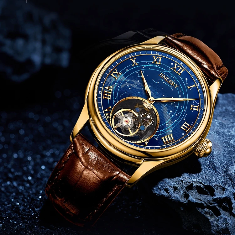 JINLERY tourbillon automatic watches mechanical gold stainless steel watch skeleton tourbillon mechanical movement watch