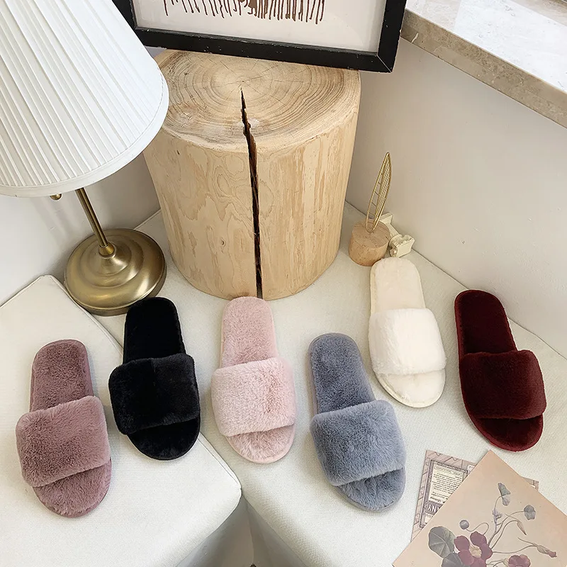 High quality indoor winter home non-slip shoes women warm plush fuzzy faux fur slippers