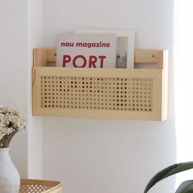 Living Room Rattan Grid Design Wall Mounted File Holder Pine Wood Wall Magazine Rack