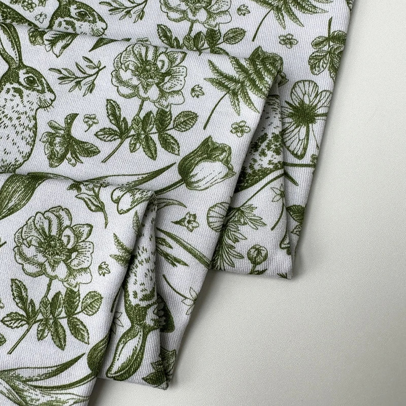 Bamboo Spandex Stretch Custom Design Low MOQ Rabbits and Butterfly Botanical Green Monochrome Organic Fiber Fabric Baby Blanket