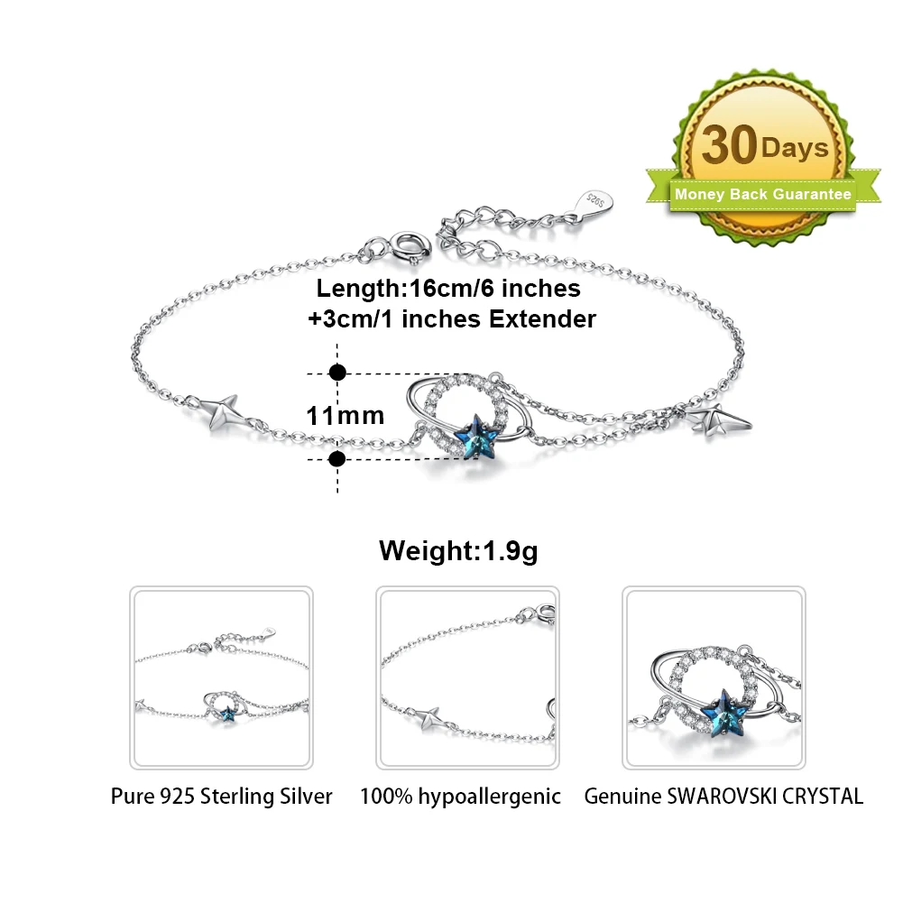 RINNTIN SWB10 fashion 925 sterling silver jewelry star moon time chain crystal charm bracelet