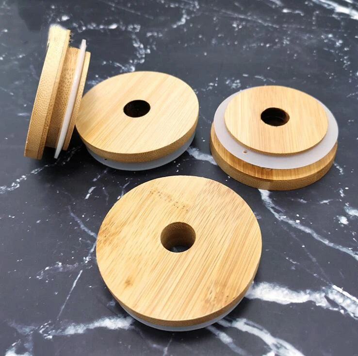 70mm/86mm Friendly Mason Lids Reusable Bamboo Caps Tops with Straw Hole and Silicone Seal for Masons Canning Drinking Jars Top