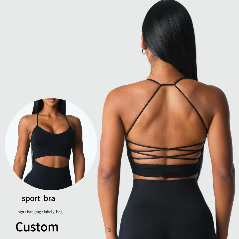 Wholesale Manufacture Women Sexy Big Backless Sport Bra Custom Logo Gym Workout Fitness Clothing Crossover Straps Yoga Bra