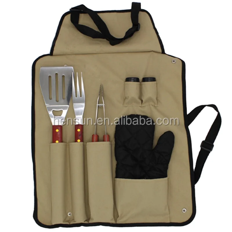 Chefs Kitchen 7-Piece BBQ Grill Tool Set With Apron and Utensil Set bbq tongs fork  custom logo