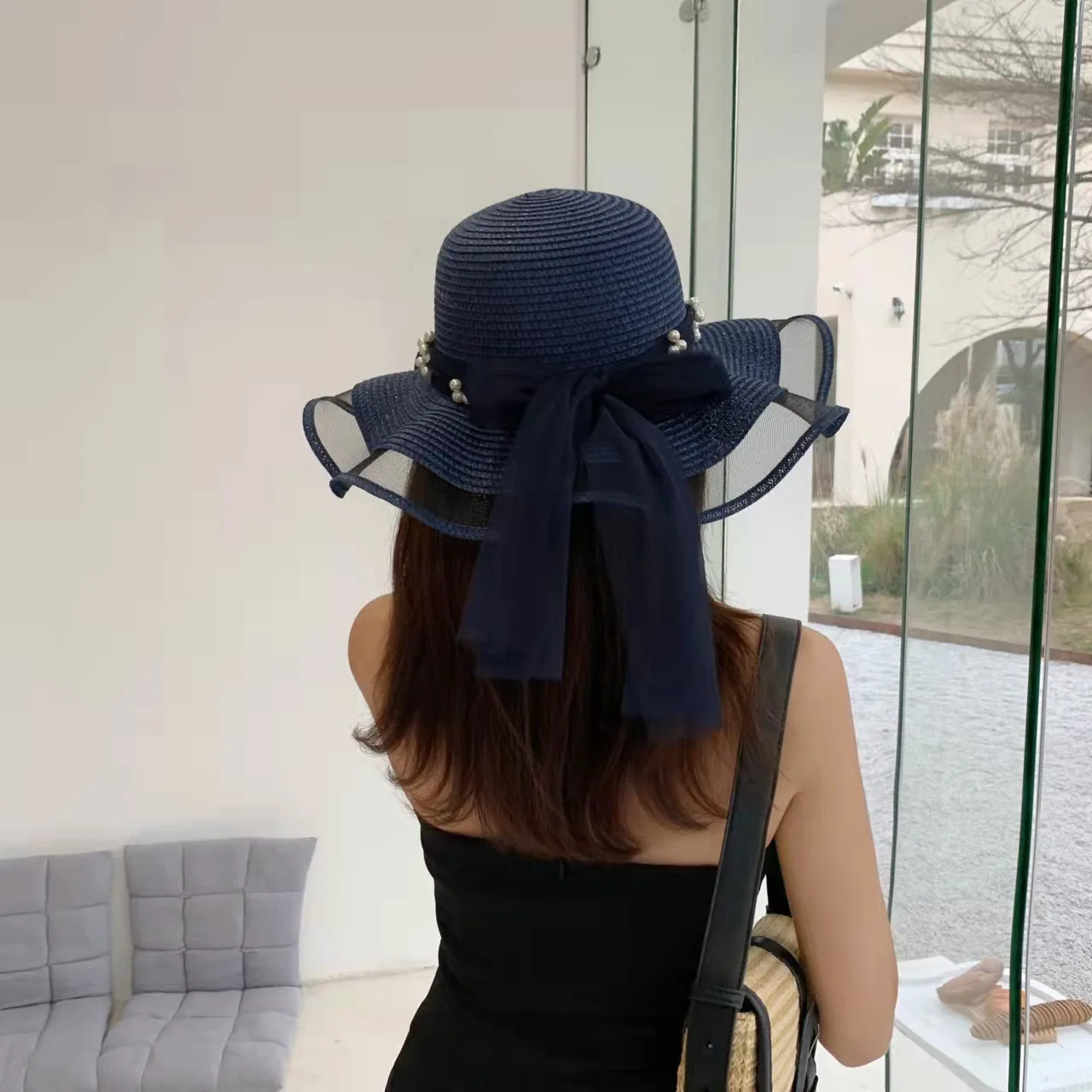 Lace Bowknot Wave Fashion Wide Brim Braided Roll Up Travel Packable Summer Girls Straw Jazz Hat Beach Cap With Pearl For Women