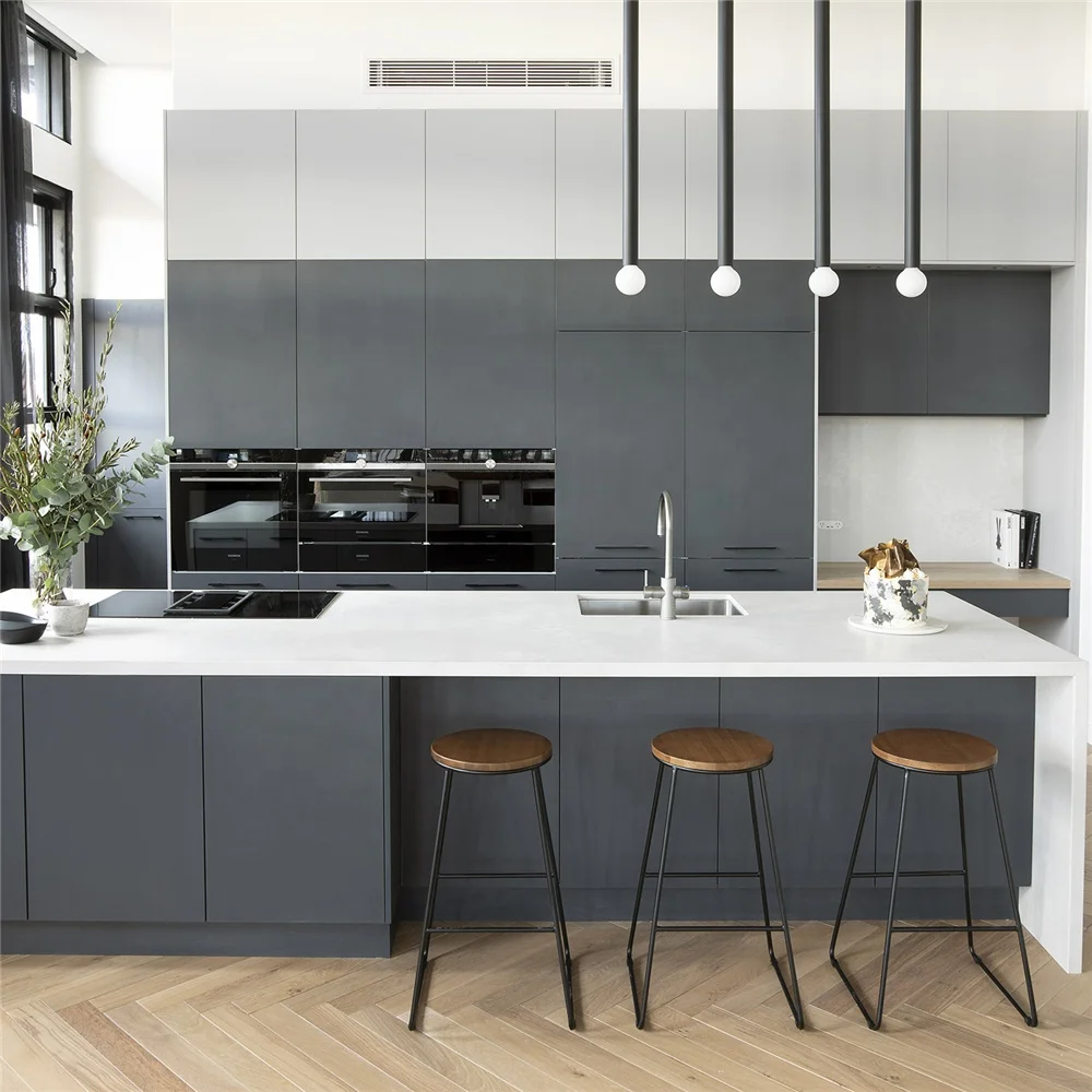 PA foshan  modern island grey pvc shaker storage kitchen cabinet
