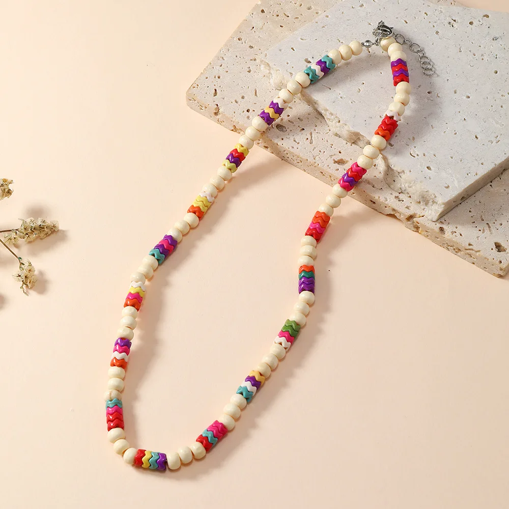 Colorful Wooden Puka Shell Necklace Seashell Natural Stone Beaded Long Choker Necklaces for Women Teen Girls