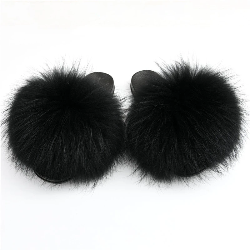 Factory Wholesale PVC Slides Ladies Raccoon Fur Slippers Women Soft Fur Slides